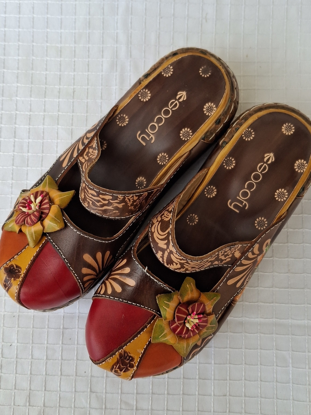 Socofy Sandals Women’s Genuine Leather Color Block Boho Mules Size 5.5 (EU 36